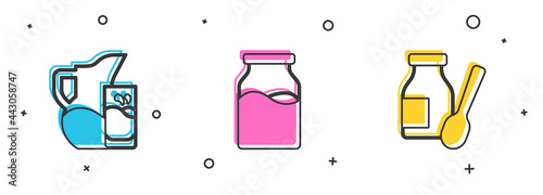 Set Milk jug or pitcher and glass, Bottle with milk and Drinking yogurt in bottle icon. Vector