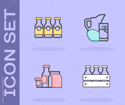 Set Bottled milk in wooden box, with, Milk product and jug or pitcher and glass icon. Vector