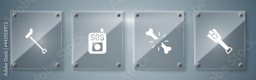 Set Prosthesis leg, Human broken bone, Press SOS button and Walking stick cane. Square glass panels. Vector