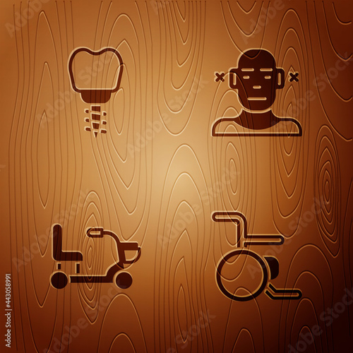 Set Wheelchair, Dental implant, Electric wheelchair and Deaf on wooden background. Vector
