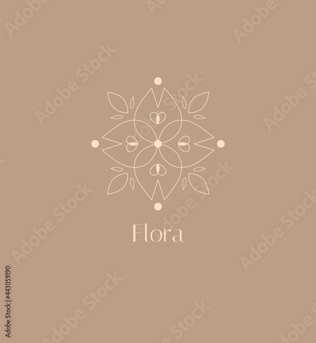 Minimalistic logo for businesses in the beauty, health, personal care, makeup artist, massage industry. Stylized linear ornament, inscription - Flora. Natural and organic cosmetics, healthy food.