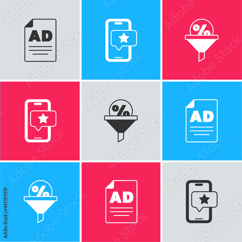 Set Advertising, Mobile with review rating and Lead management icon. Vector
