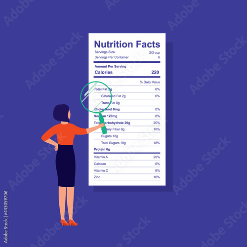 Young Woman Checking Nutrition Facts Label With Magnifying Glass. Healthy Eating.