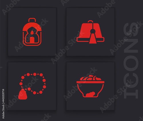 Set Date fruit in bowl, Ramadan Kareem lantern, Turkish hat and Rosary beads religion icon. Vector