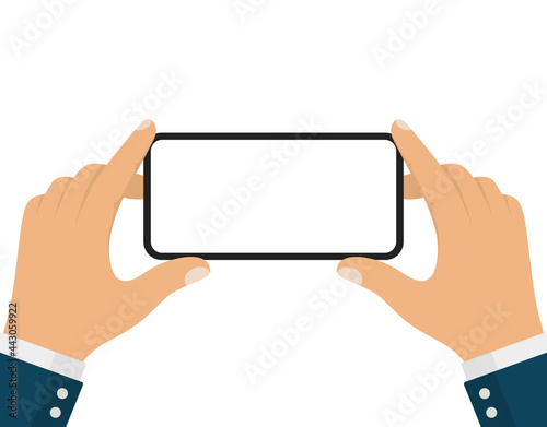 Businessman Hand Holding Smartphone Recording Video in Horizontal Position or Landscape Mode.
