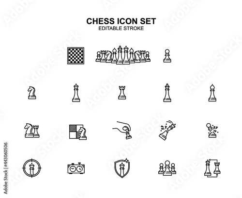 Chess vector icon set. Editable stroke. Game illustration. Chessboard, pawn, horse, bishop, king, knigt, winner, looser, strategy, aim, lose.