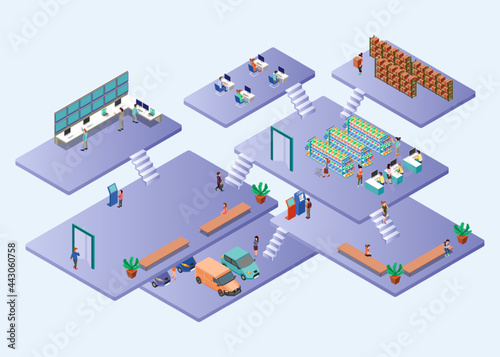 Isometric Vector Illustration Representing Areas of Department Store from Inside
