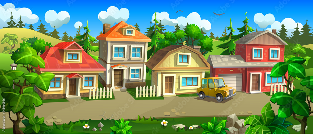 A cottage village with colorful houses along the road.A cottage village with colorful houses along the road.