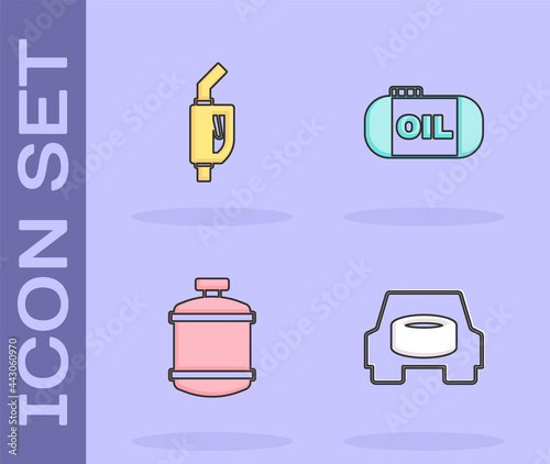 Set Spare wheel in the car, Gasoline pump nozzle, Propane gas tank and Oil storage icon. Vector