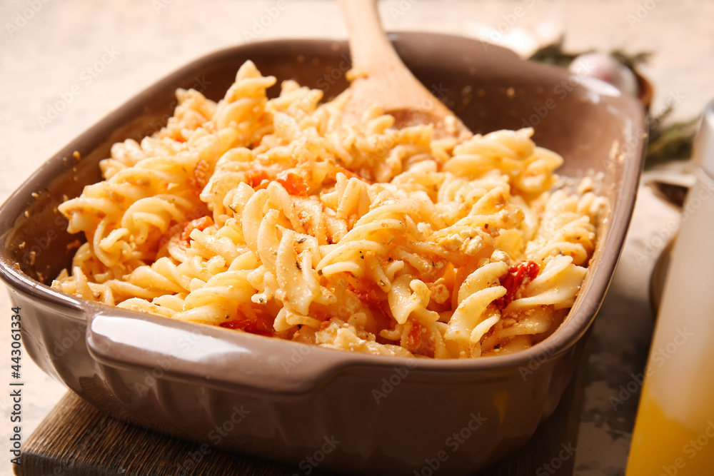 Baking dish with healthy pasta on table Baking dish with healthy pasta on table