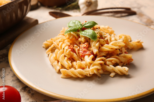 Plate with healthy pasta on table, closeup
