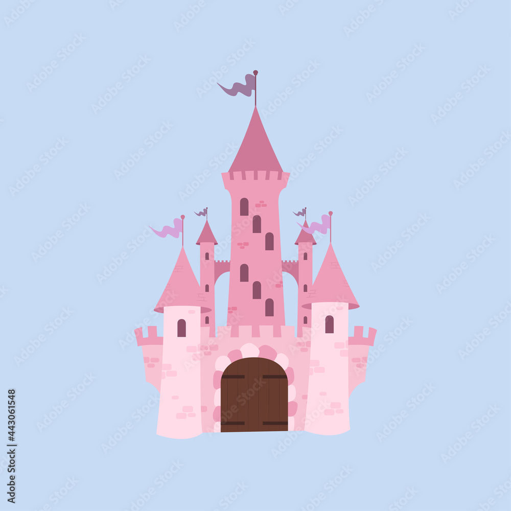icon large pink castle on blue background
