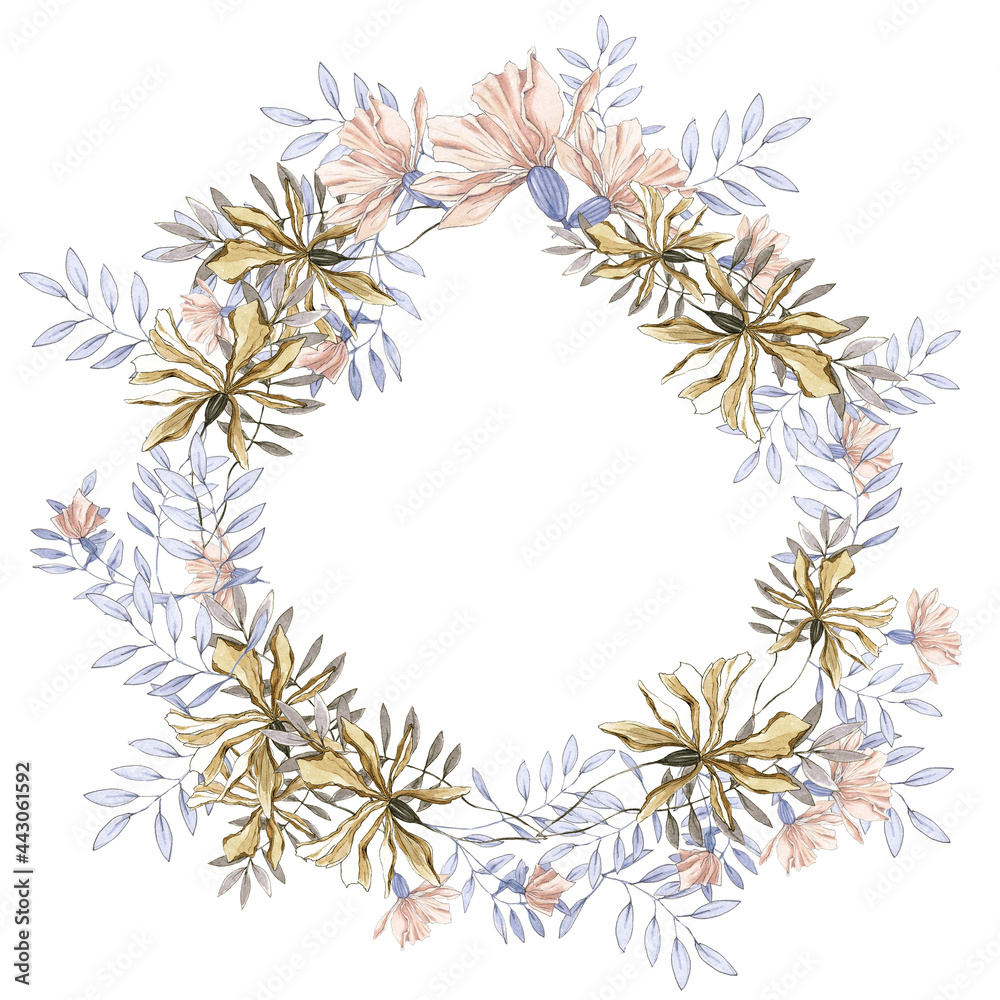 WATERCOLOR ILLUSTRATION FLORAL WREATH OF DELICATE  FLOWERS AND LEAVES