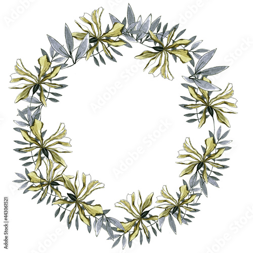 watercolor illustration botanical print wreath of gray-blue flowers with leaves branch bud flower with leaves for invitation scrap booking cards