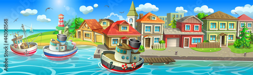 A port town with colorful houses and a stone pier. Fishing and cargo ships are in the bay.