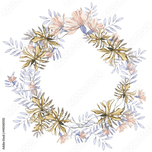 WATERCOLOR ILLUSTRATION FLORAL WREATH OF DELICATE FLOWERS AND LEAVES