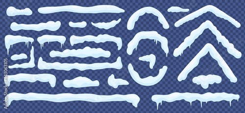 Cartoon snow caps. Winter snowdrift effect on roof or window. Frozen round and line snow pile with icicles, christmas decoration vector set