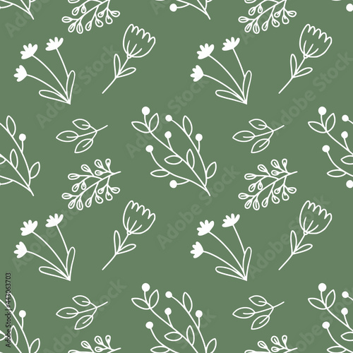 Seamless pattern with doodle-style flowers. Green wallpaper for sewing clothes, printing on fabric and packaging paper.