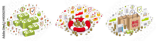 Business and finance concepts 3D vector illustrations set isolated on white background, money theme conceptual design collection, savings, bank, contract, income, safety, online.