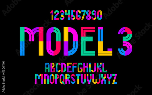 Children colorful geometric font vector alphabet, kid play game typeset, original letters can be used for logo creation, uppercase and numbers.