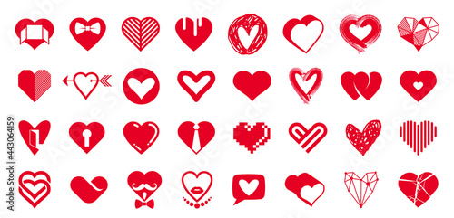 Collection of hearts vector logos or icons set, heart shapes of different styles and concepts symbols, love and care, health and cardiology, geometric and low poly.