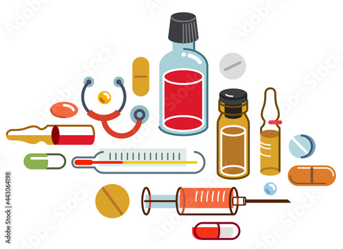 Big composition set of medicaments vector flat illustration isolated, pharmacy drugs apothecary bottles and pills and ampules, health care and healing medical theme design.