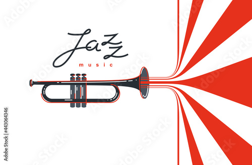 Jazz music emblem or logo vector flat style illustration isolated, trumpet logotype for recording label or studio or musical band.