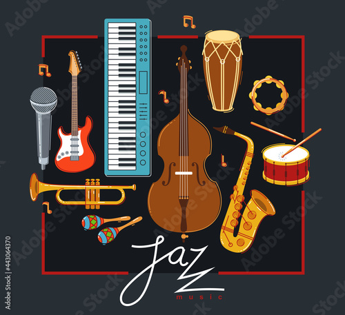Jazz music band poster different instruments vector flat illustration on dark, live sound festival or concert advertising flyer or banner, play different instruments orchestra.