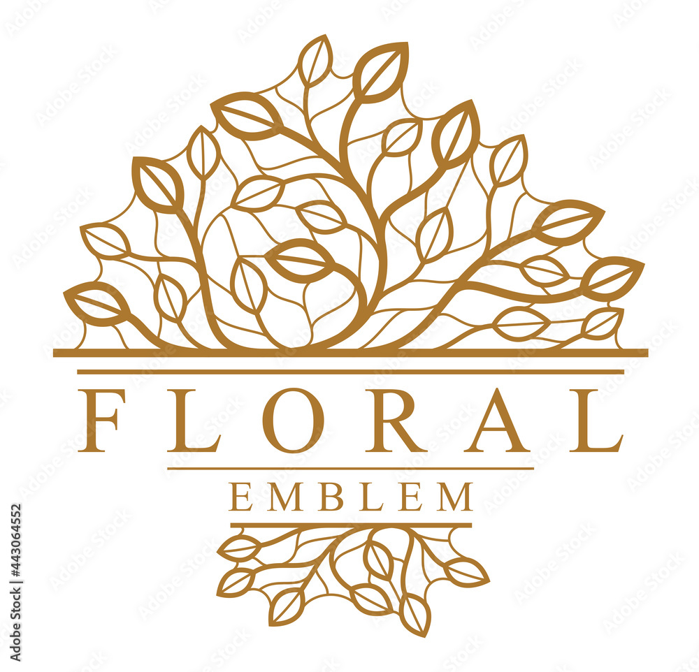 Fototapeta premium Vector floral emblem isolated on white background, leaves and branches linear logo, luxury classic style elegant badge, boutique or hotel logotype.