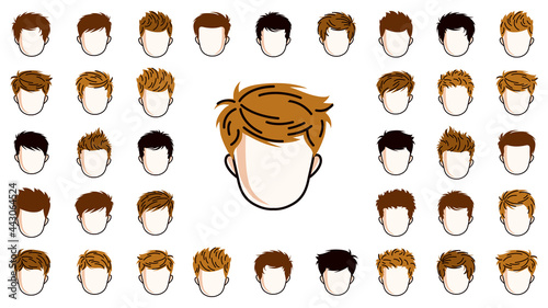 Boy hairstyles heads vector illustrations set isolated on white background, early teen kid boy attractive beautiful haircuts collection, different hair color.