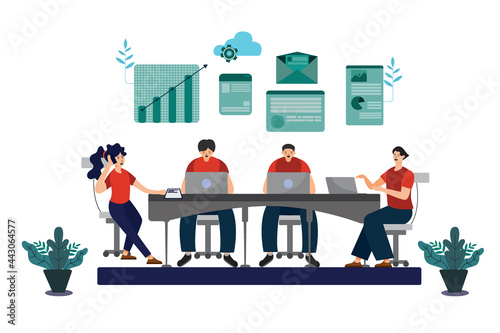Flat illustration of young employees in a company brainstorming new ideas for work Which work requires modern technology to make a business successful.