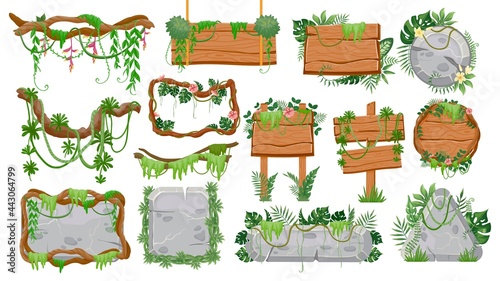 Jungle wooden and stone signs. Tropical game ui elements, signboards, panels, frames, borders and buttons with lianas and leaves vector set © Tartila