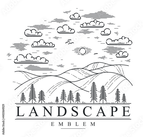 Beautiful scenic grasslands and pine trees vector linear emblem isolated on white, outdoor hiking camping ant travel active lifestyle logo, line art drawing rural nature badge.
