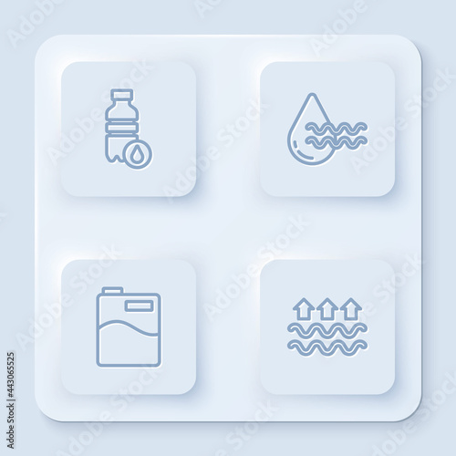 Set line Bottle of water, Recycle clean aqua, Big bottle with and Waves and evaporation. White square button. Vector