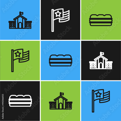 Set line United States Capitol Congress, Sandwich and American flag icon. Vector