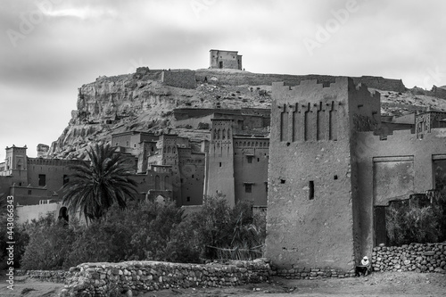 A mud castle in Ait Ben Haddou, black and white