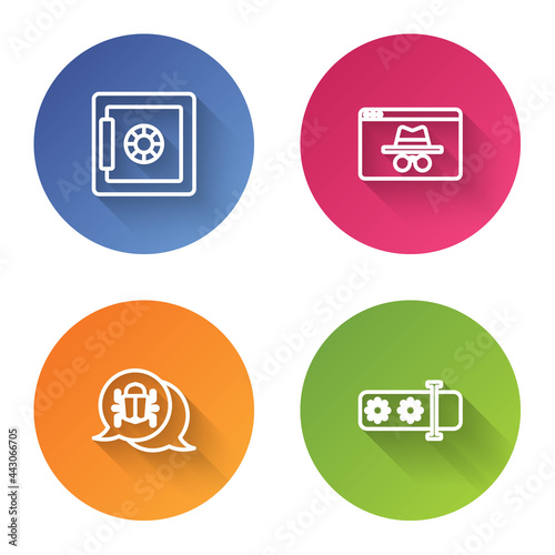 Set line Safe, Browser incognito window, System bug and Password protection. Color circle button. Vector