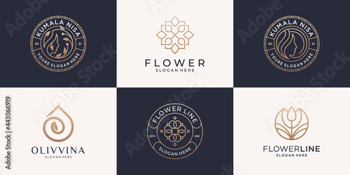Feminine beauty logo design collection. women, flower, olive, gold emblems with line art style and decorative for branding logo, corporate identity and wedding design