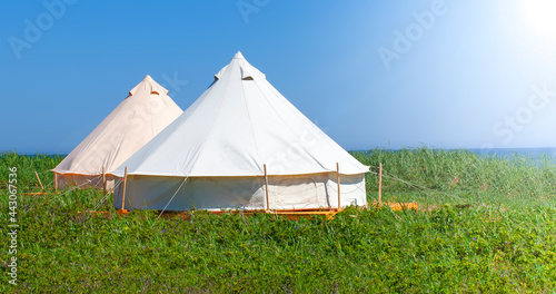 Glamping house in the nature. Blue sky fnd green grass.