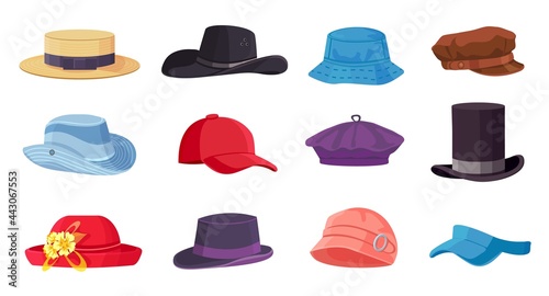 Cartoon headwears. Summer male and female fashion hats, cap, beret and cylinder. Cowboy and straw hat. Vintage clothes accessory vector set