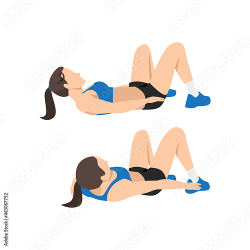 Woman doing Alternate heel touches. lying oblique reach exercise. Flat vector illustration isolated on white background