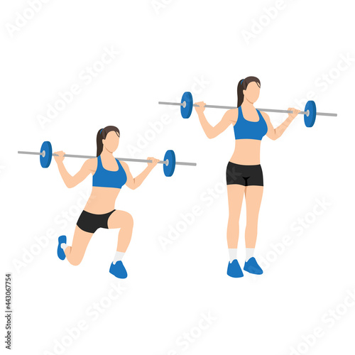 Woman doing Barbell lunges
exercise. Flat vector illustration isolated on white background