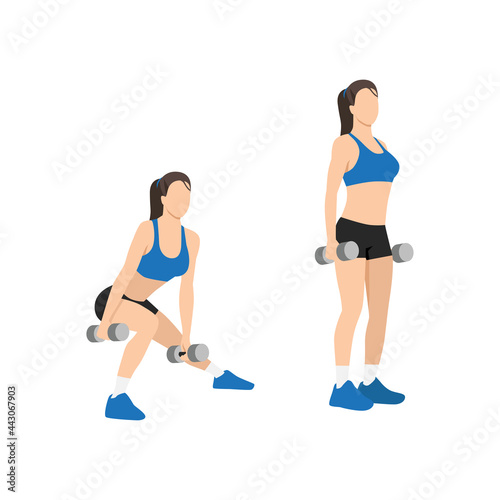 Woman doing Dumbbell side lunges. Lateral lunges exercise. Flat vector illustration isolated on white background