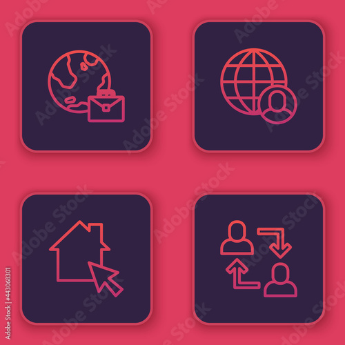 Set line Online working, , Freelancer and Project team base. Blue square button. Vector