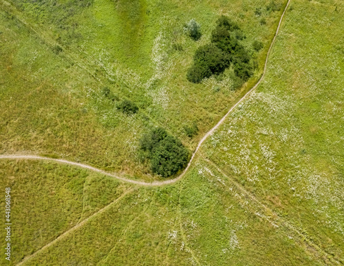 Dirt road through a green meadow. Aerial drone view.