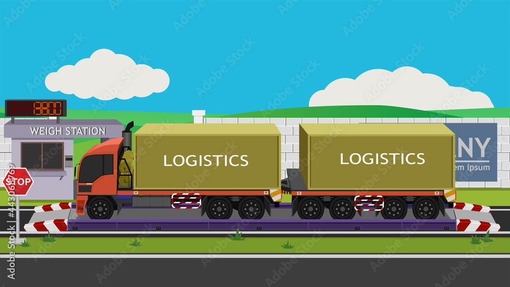 Container trailer truck orange color on weigh scales long range support ...