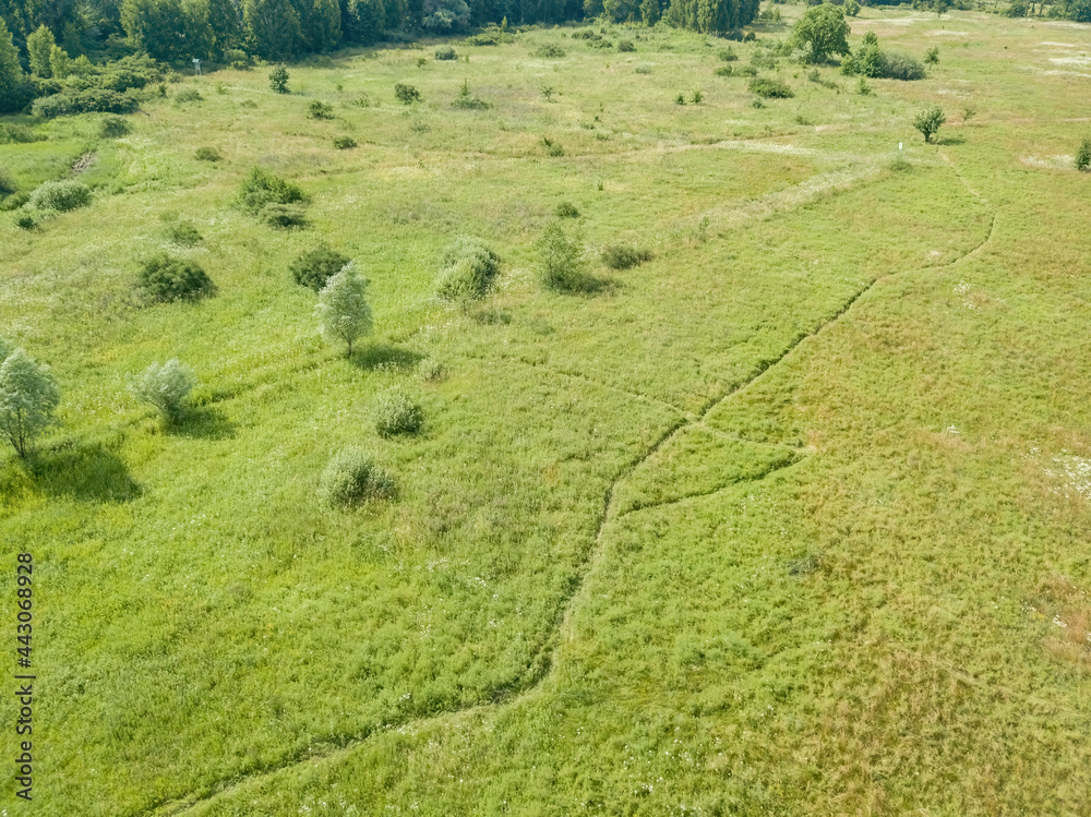 Dirt road through a green meadow. Aerial drone view. Dirt road through a green meadow. Aerial drone view.