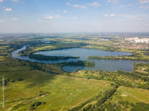 Dnieper river in Kiev in summer. Aerial drone view.