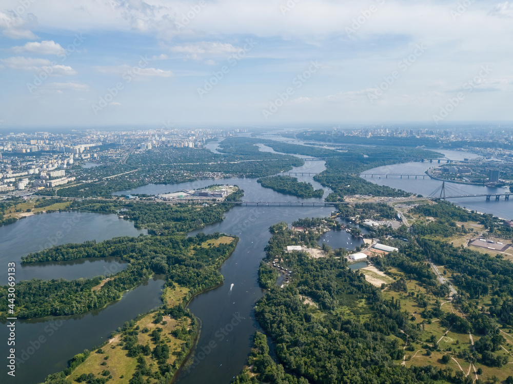 Fototapeta premium Dnieper river in Kiev in summer. Aerial drone view.