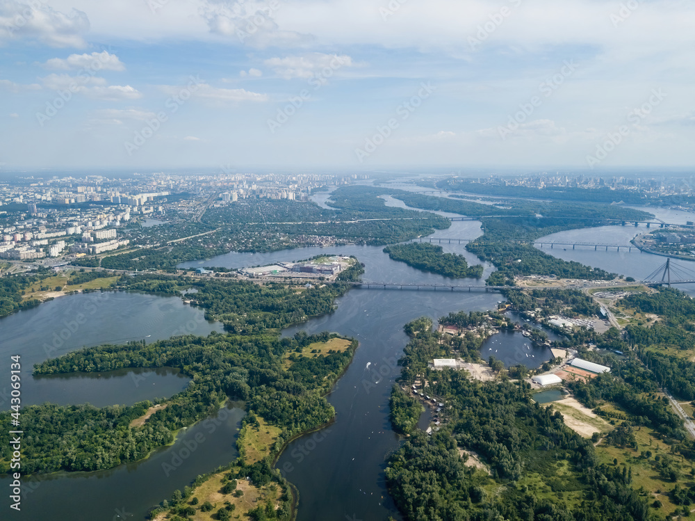 Fototapeta premium Dnieper river in Kiev in summer. Aerial drone view.